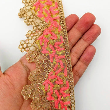 Gold Sheer Tissue Fabric Cutwork Trim with Embroidery in Gold and Salmon Pink, Scallop Trim, Fringe Trim